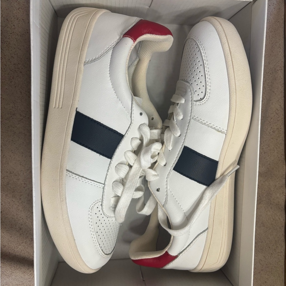 Chelsea & Violet White Sneakers with Red and Navy Stripes